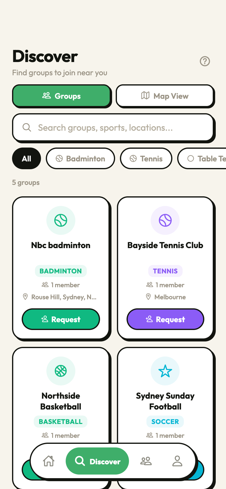 Discover Groups Near You — Sports Mate app screenshot